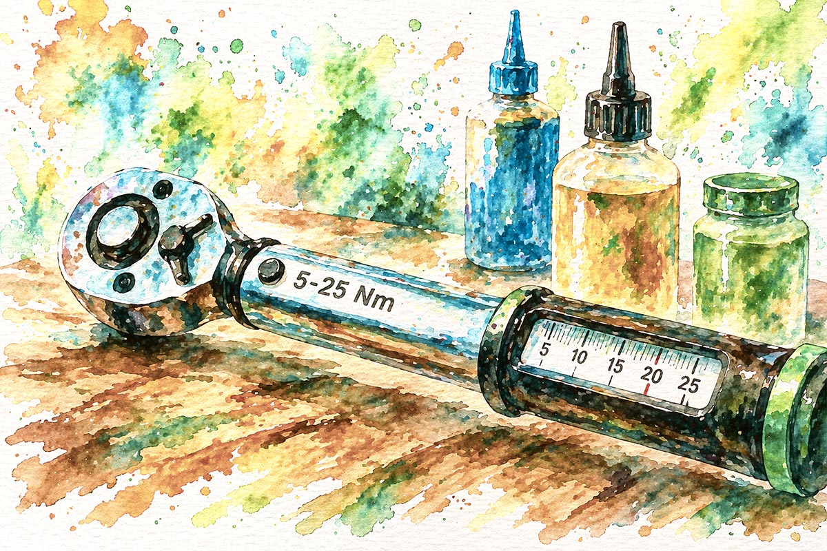 Watercolour illustration of a bicycle torque wrench